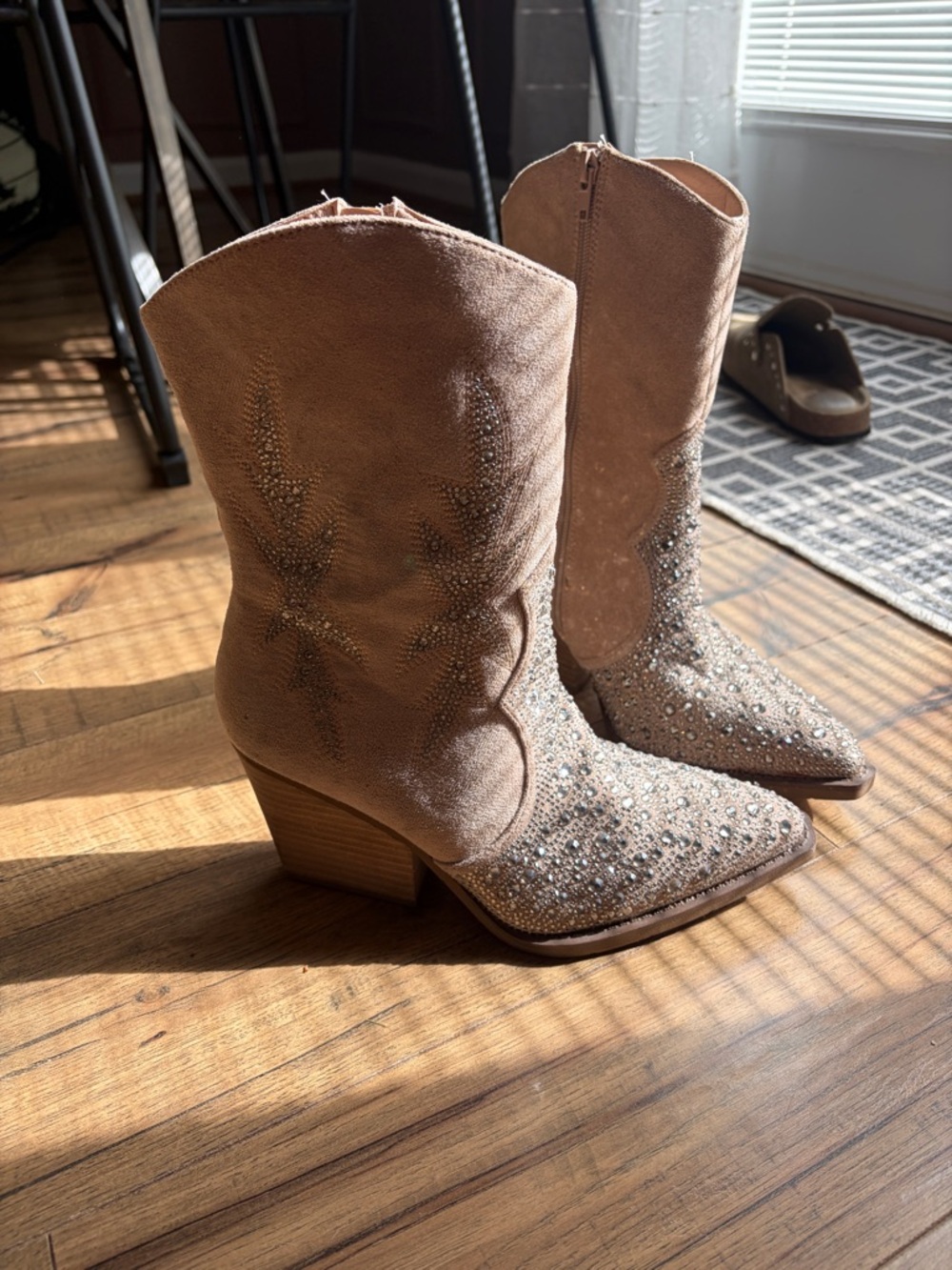 Very G Beige Suede Crystal Embellished Western Ankle Boot - Picture 3 of 4